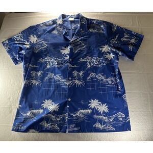 Vintage Jade Fashions Aloha Shirt Mens XL Blue White Floral Made in Hawaii